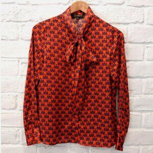 FLORET Silk Blouse Top Women XXS Orange Geometric Blue Print Tie Front Long Slee